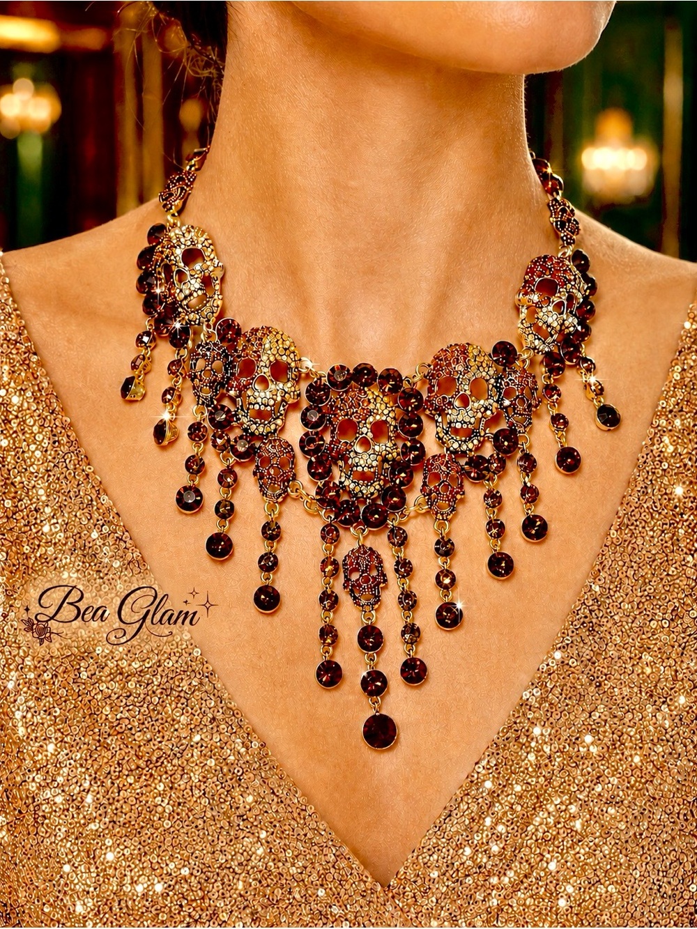 Natasha Glam Skulls Statement Necklace Copper, Iridescent & Gold Rhinestones